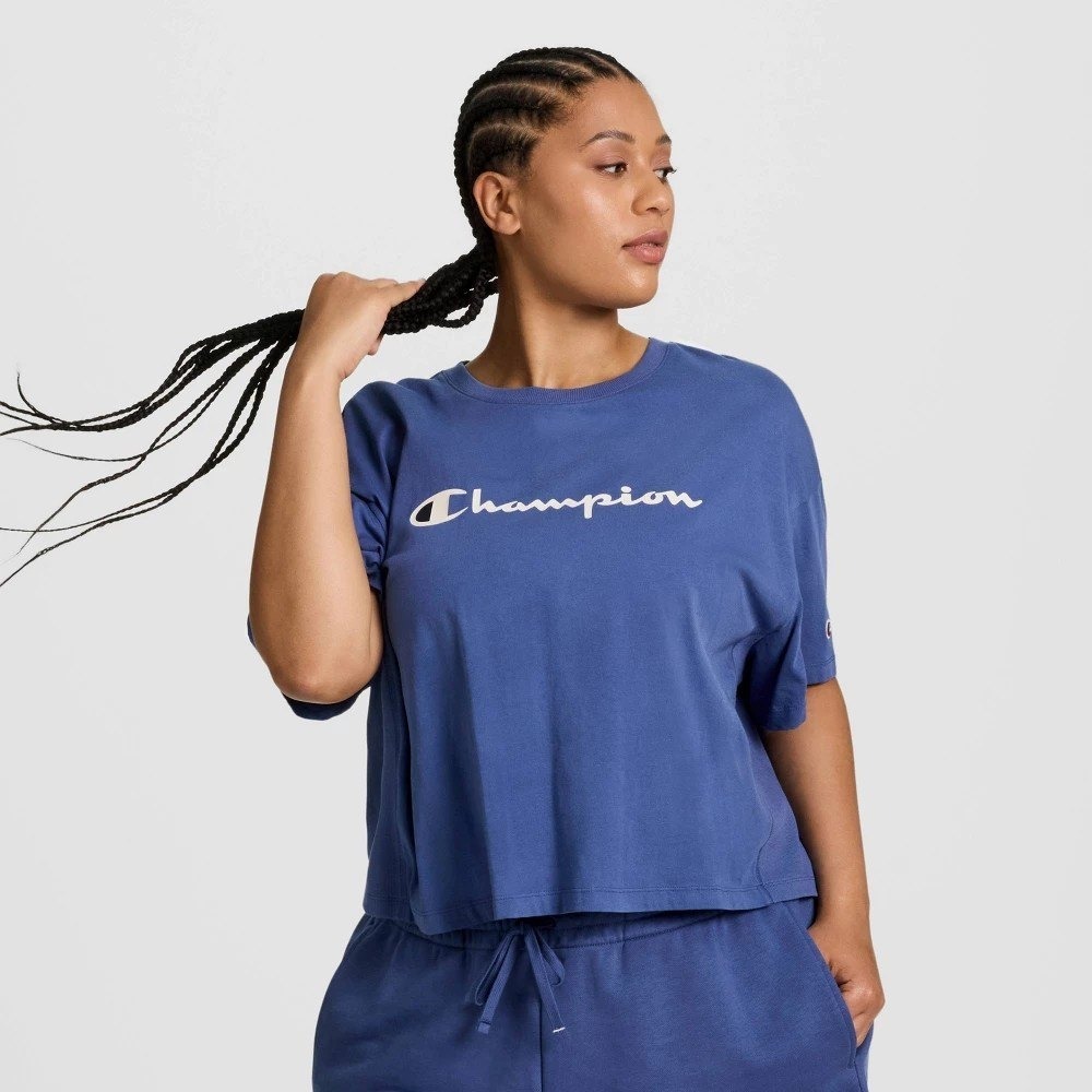 Champion Womens Iconic Cropped Short Sleeve Tee Gray Blue 3X CPW253TS04039 NEW